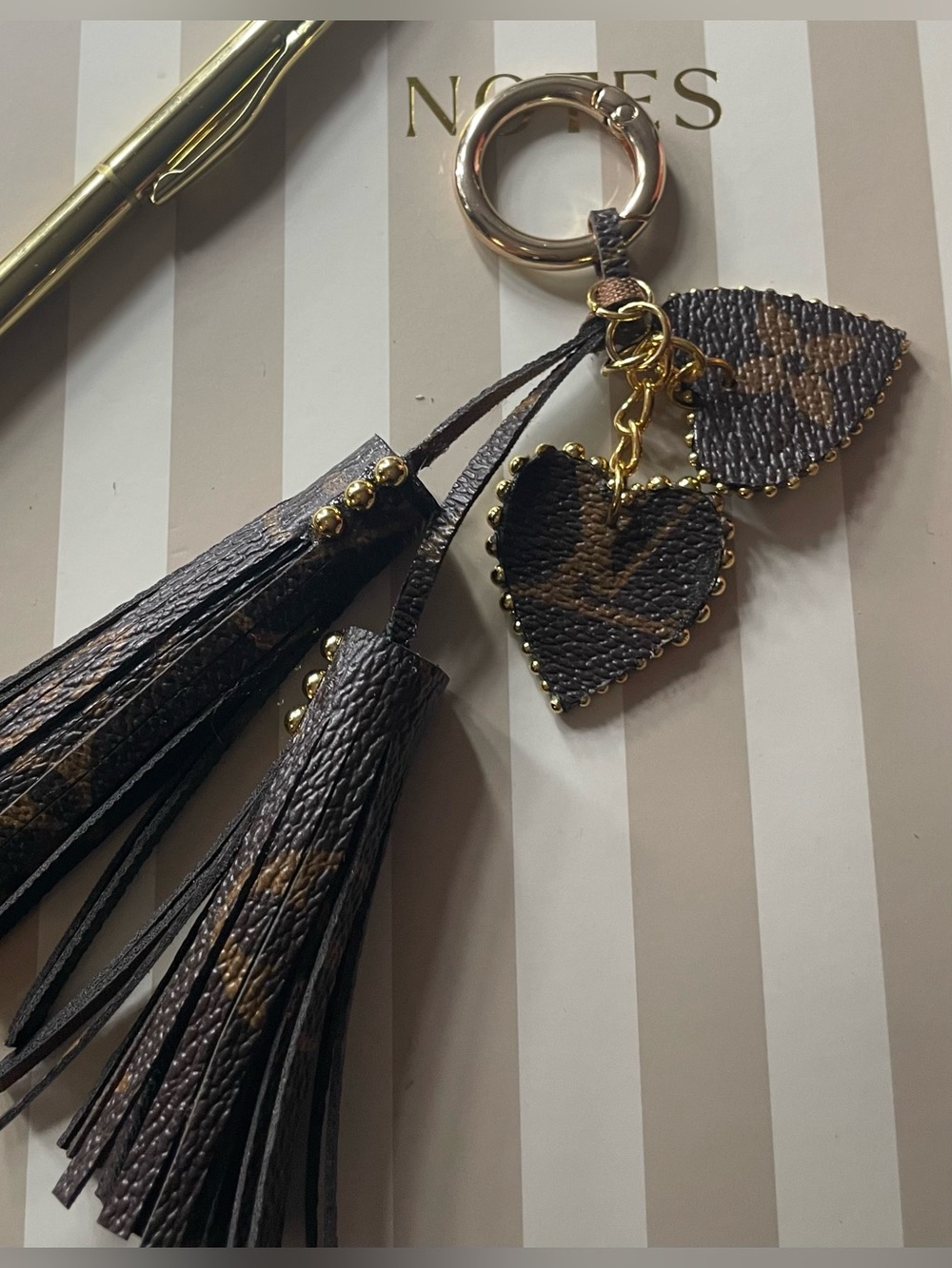 Brown Leather Tassels & Double Heart Keychain/Purse decor